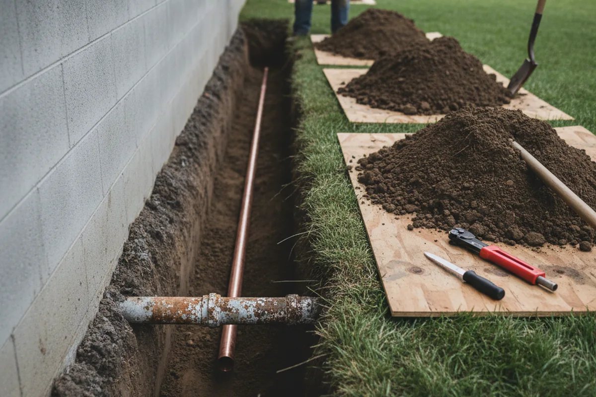 Excavated water line trench during Water Softener Installation in Plainville
